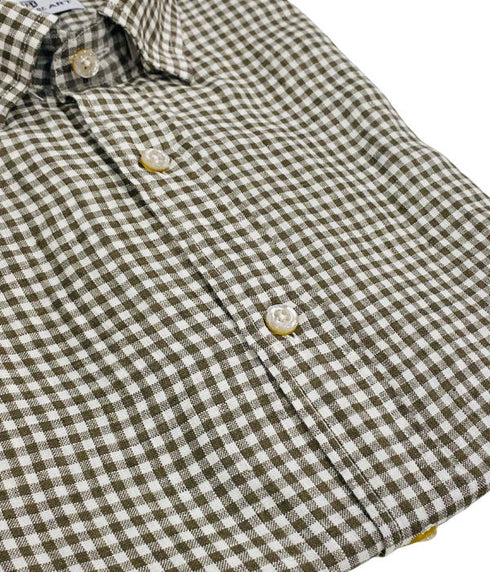 Chemise manche courtes en lin taupe à carreaux slim fit